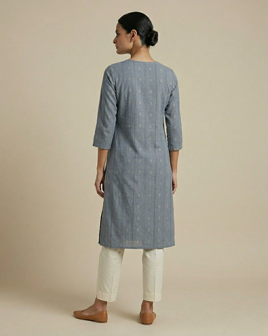 Indigo Blue Geometric Ikkat Print Pure Cotton Straight Kurta
