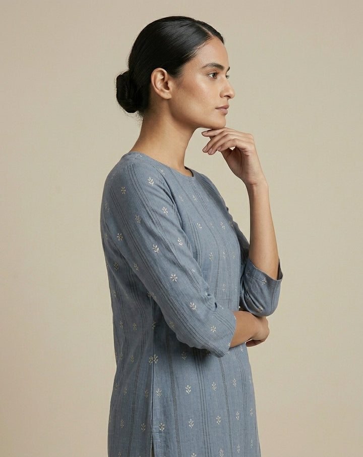 Indigo Blue Geometric Ikkat Print Pure Cotton Straight Kurta