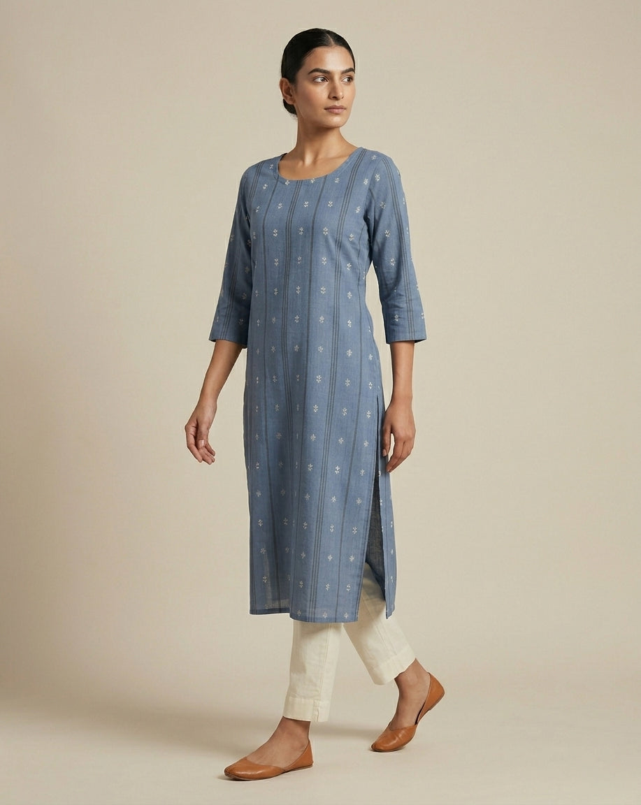 Indigo Blue Geometric Ikkat Print Pure Cotton Straight Kurta