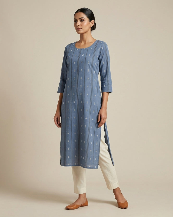 Indigo Blue Geometric Ikkat Print Pure Cotton Straight Kurta