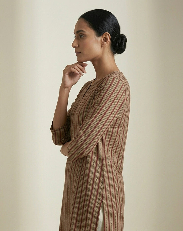 Crimson Red and Beige Vertical Stripe Pure Cotton Straight Kurta