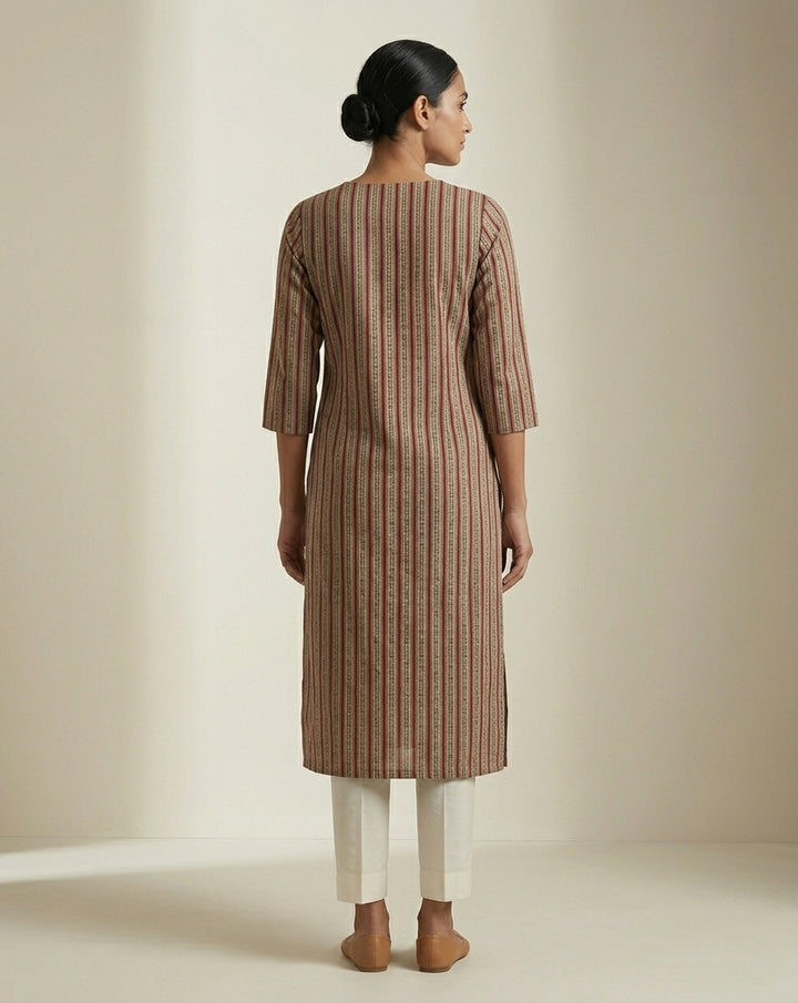 Crimson Red and Beige Vertical Stripe Pure Cotton Straight Kurta