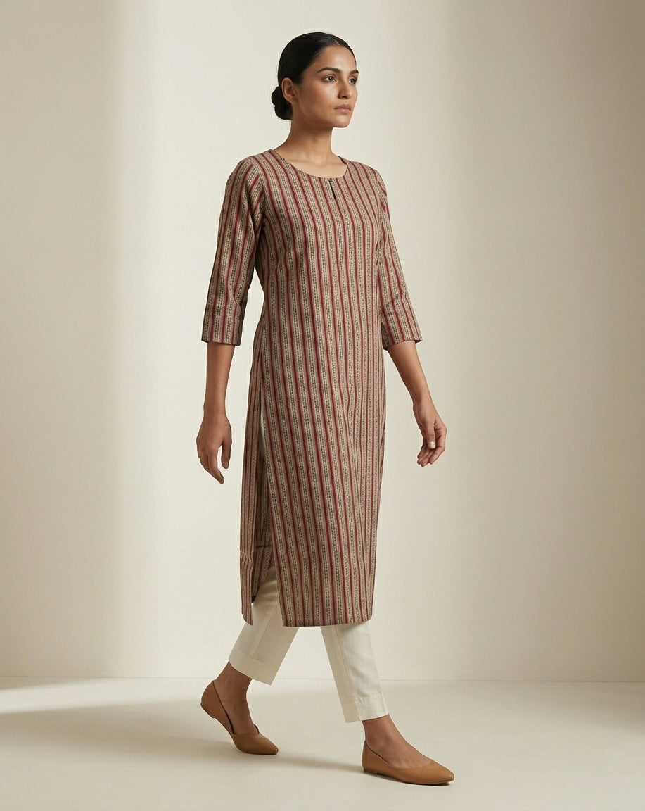 Crimson Red and Beige Vertical Stripe Pure Cotton Straight Kurta