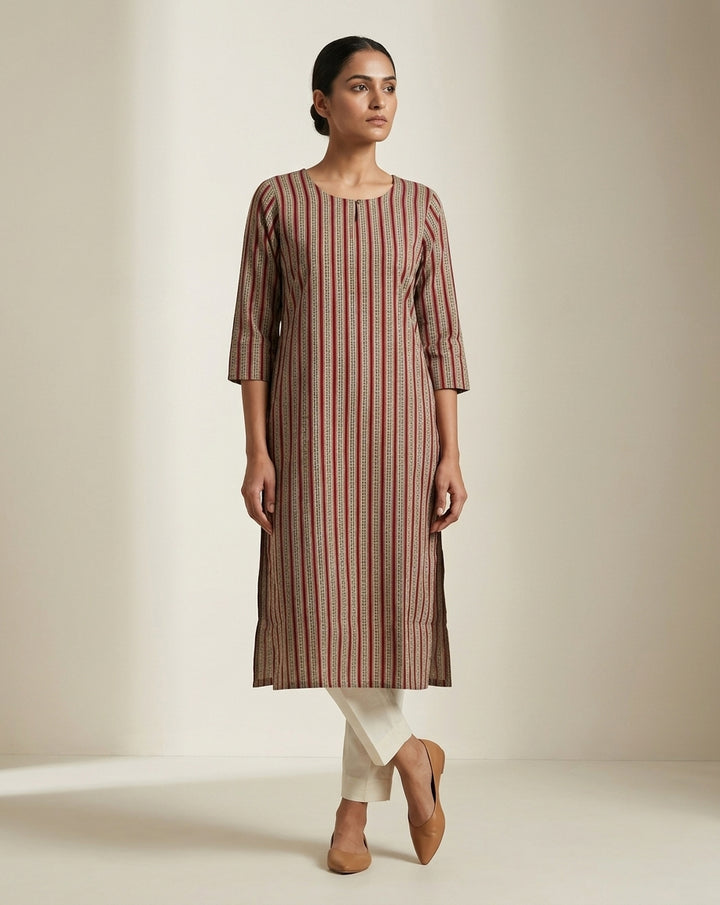 Crimson Red and Beige Vertical Stripe Pure Cotton Straight Kurta
