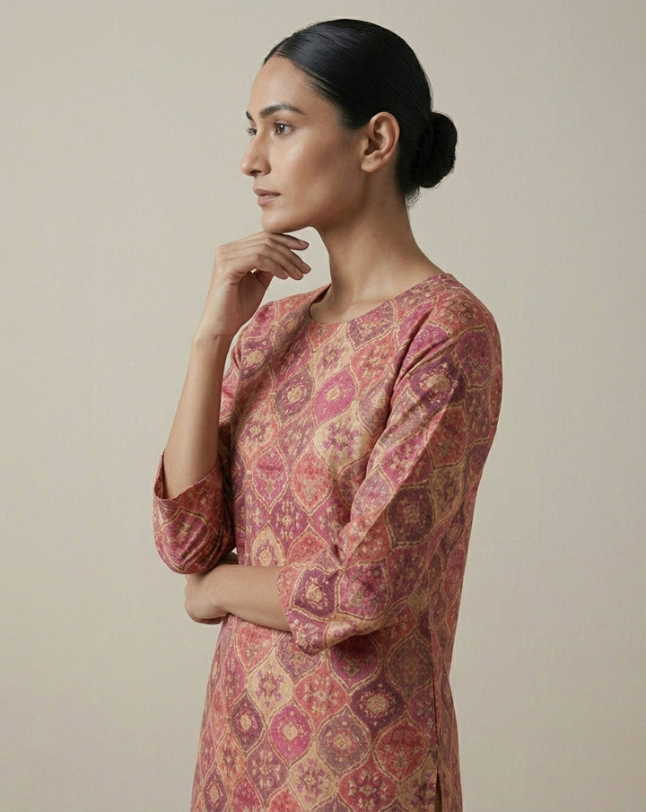 Berry Pink Silk Blend Patola Print Straight Kurta