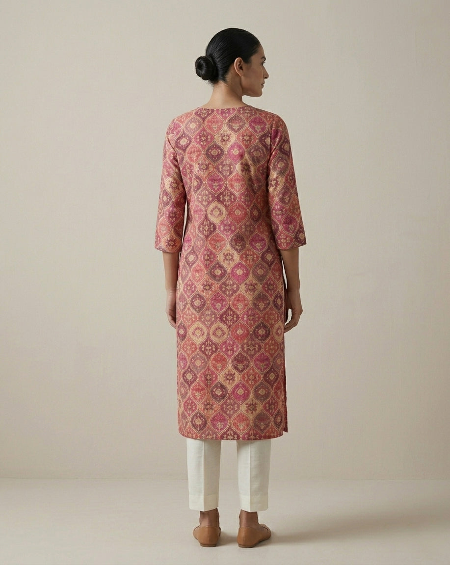 Berry Pink Silk Blend Patola Print Straight Kurta
