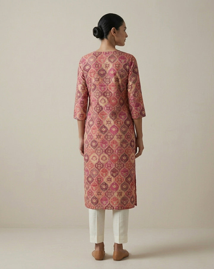 Berry Pink Silk Blend Patola Print Straight Kurta