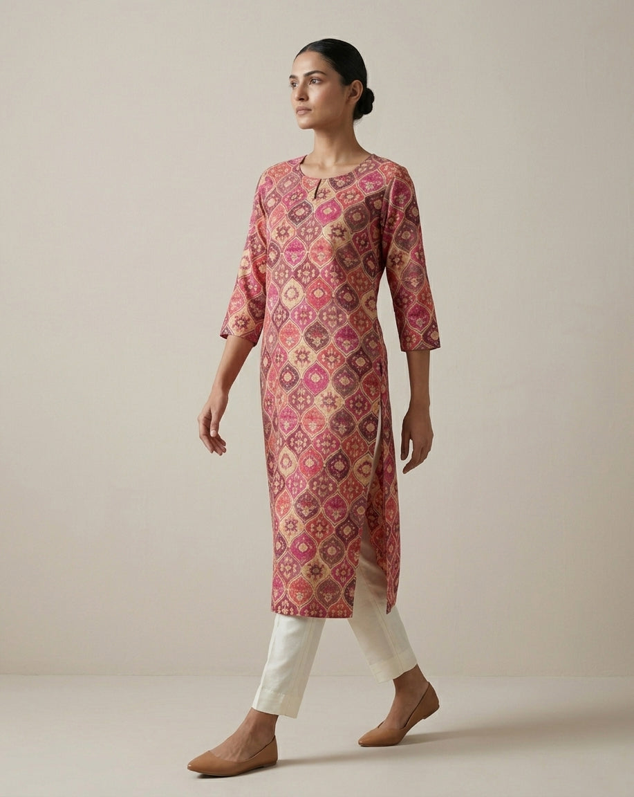 Berry Pink Silk Blend Patola Print Straight Kurta