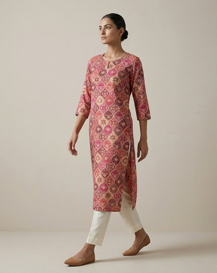Berry Pink Silk Blend Patola Print Straight Kurta
