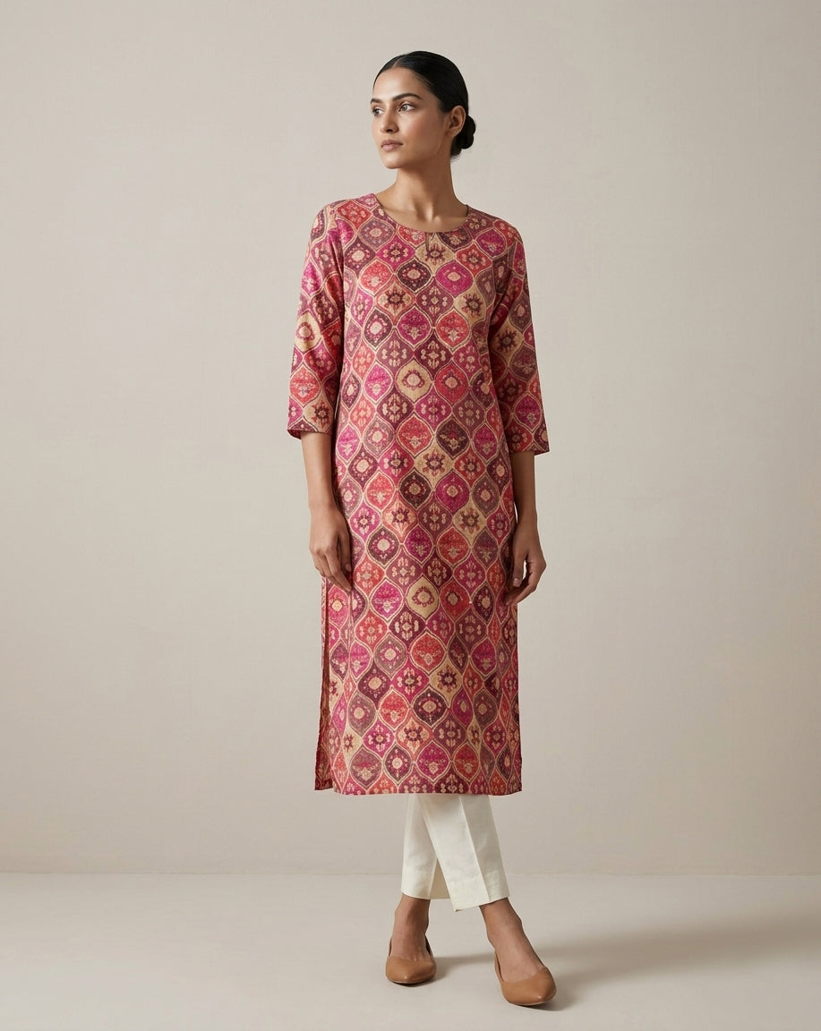 Berry Pink Silk Blend Patola Print Straight Kurta