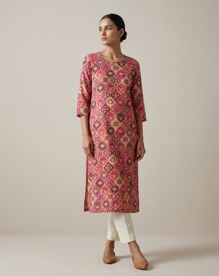 Berry Pink Silk Blend Patola Print Straight Kurta