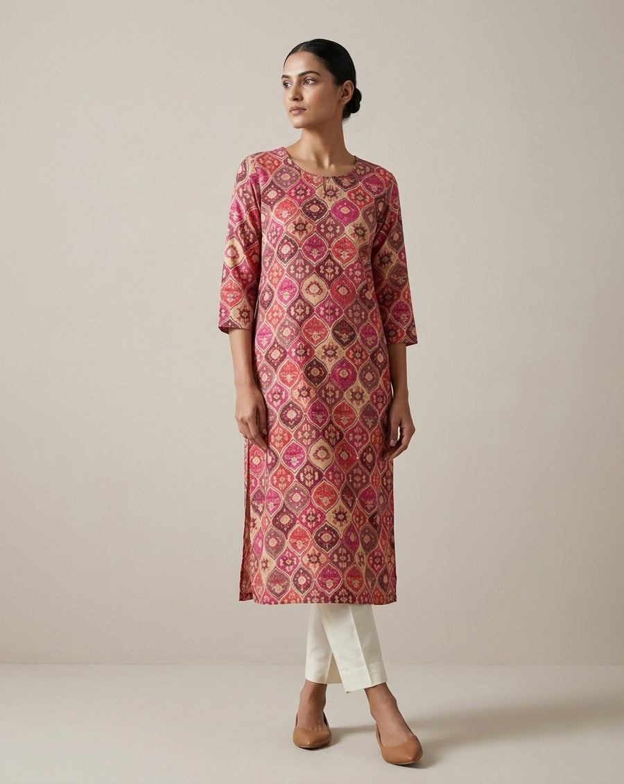 Berry Pink Silk Blend Patola Print Straight Kurta