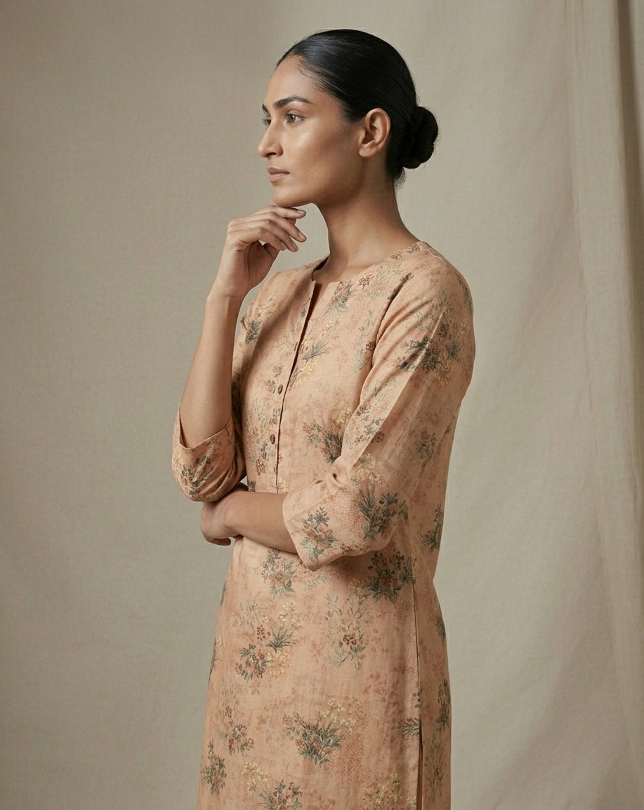 Peach Pastel Floral Print Silk Blend Straight Kurta