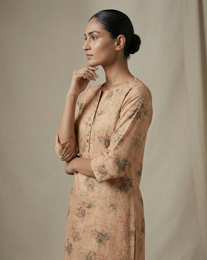 Peach Pastel Floral Print Silk Blend Straight Kurta