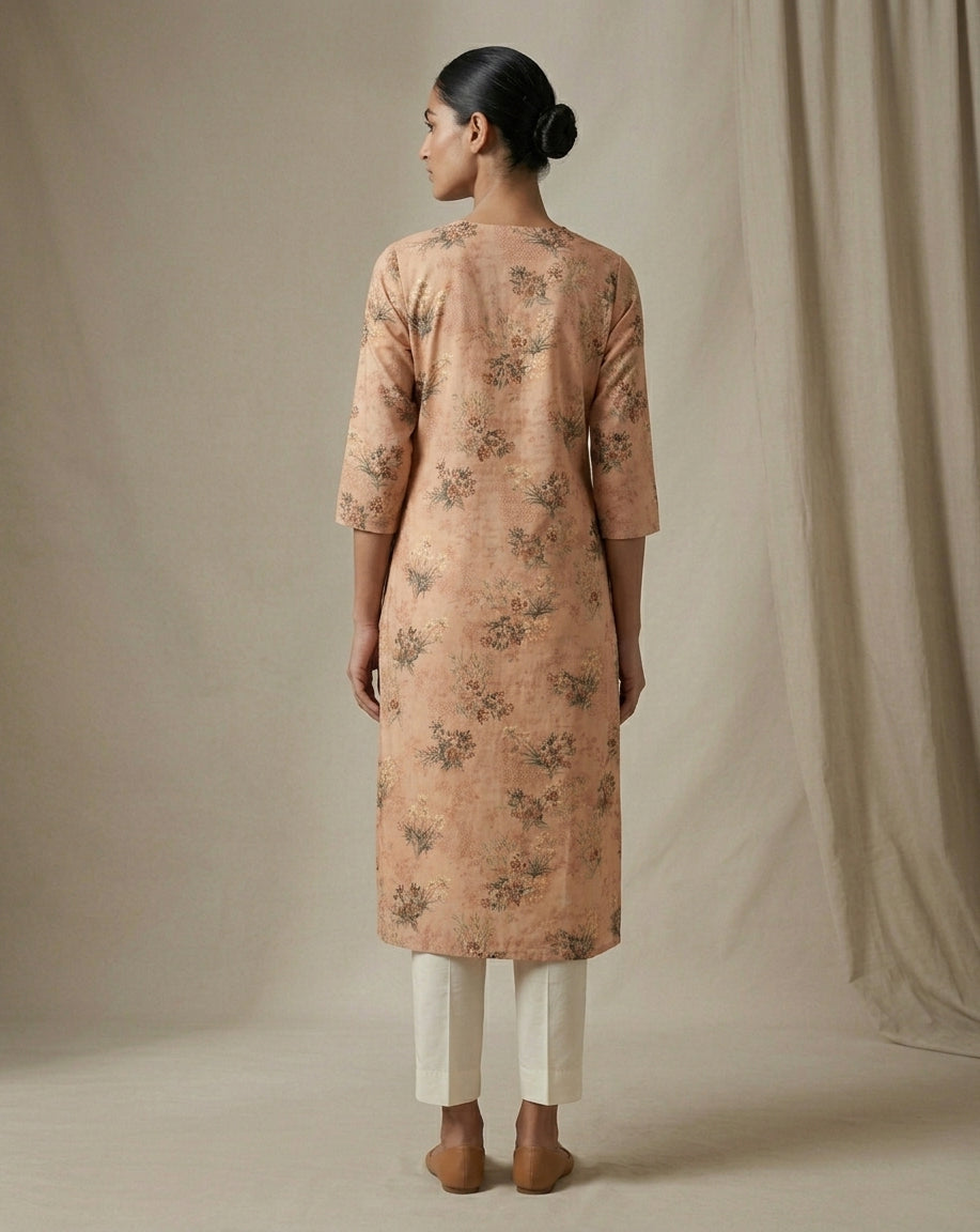 Peach Pastel Floral Print Silk Blend Straight Kurta