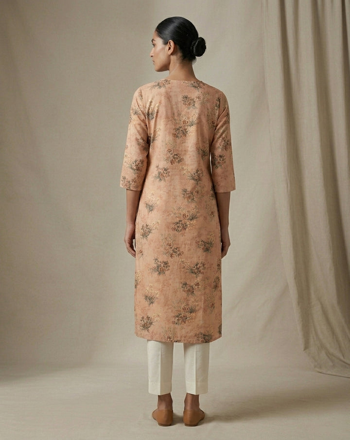 Peach Pastel Floral Print Silk Blend Straight Kurta