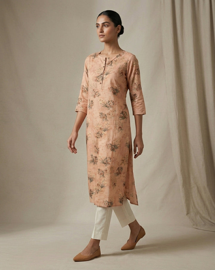 Peach Pastel Floral Print Silk Blend Straight Kurta