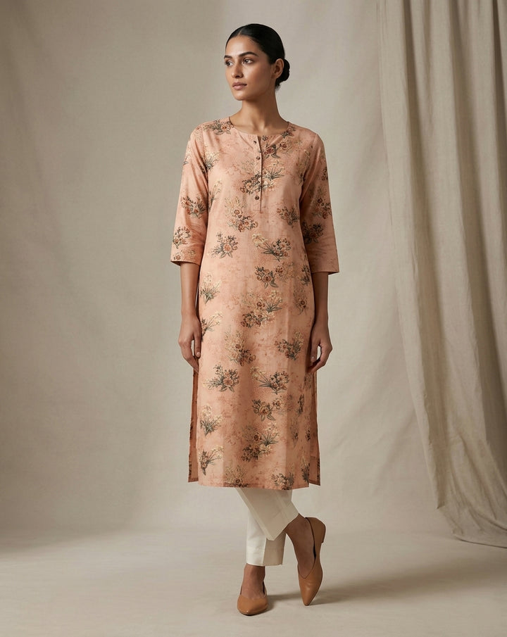 Peach Pastel Floral Print Silk Blend Straight Kurta