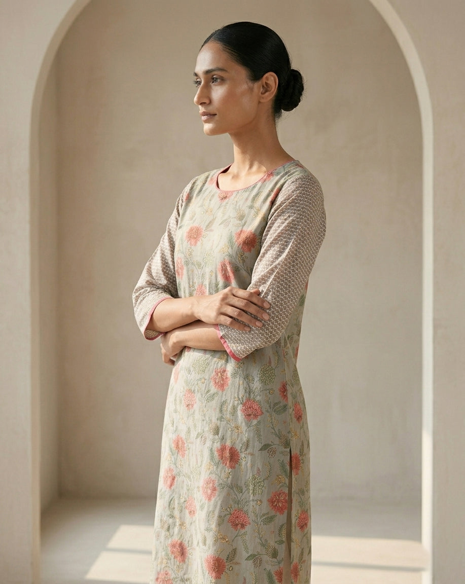 Sage Green Floral Jaal Print Cotton Kurta