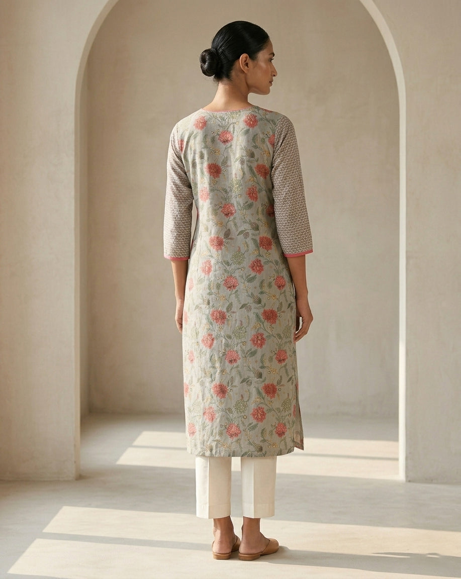 Sage Green Floral Jaal Print Cotton Kurta