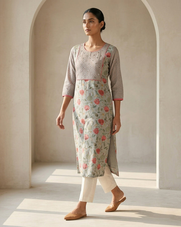 Sage Green Floral Jaal Print Cotton Kurta