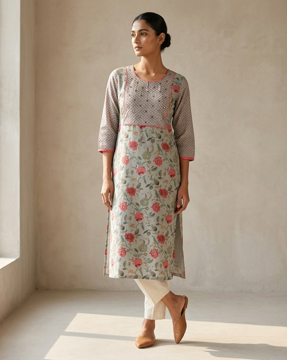Sage Green Floral Jaal Print Cotton Kurta