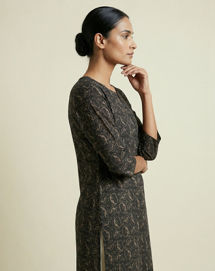 Deep Charcoal Floral Jaal Print Pure Cotton Curved Hem Kurta