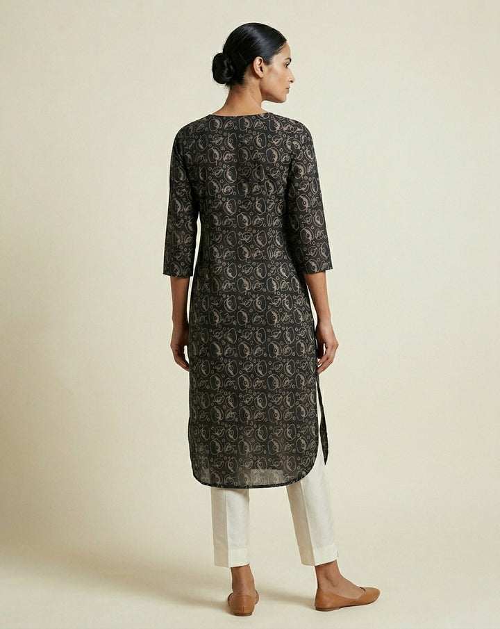 Deep Charcoal Floral Jaal Print Pure Cotton Curved Hem Kurta