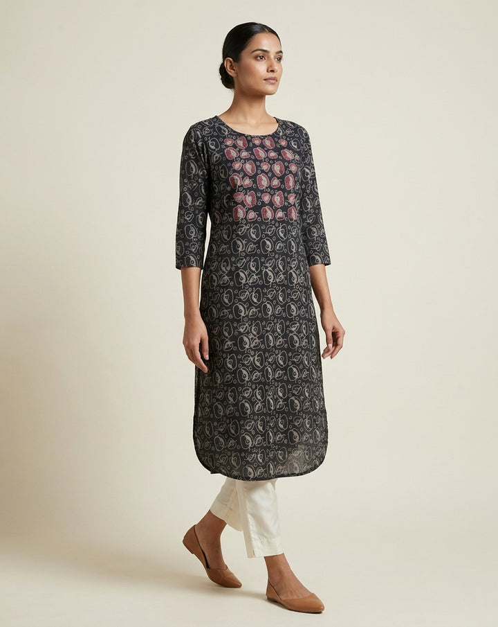 Deep Charcoal Floral Jaal Print Pure Cotton Curved Hem Kurta