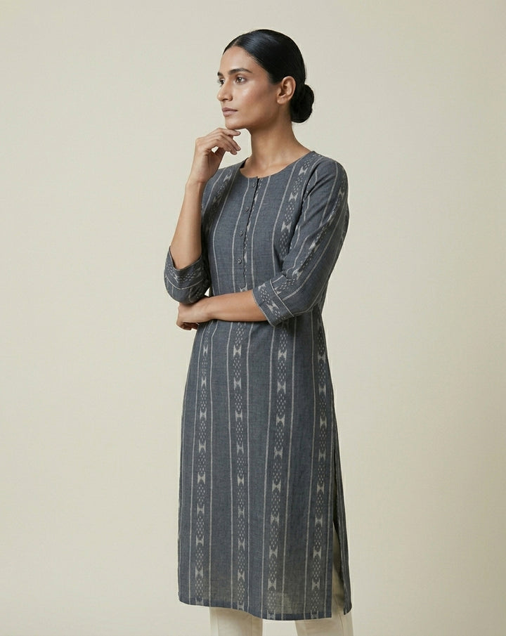 Charcoal Grey Geometric Ikkat Print Cotton Straight Kurta
