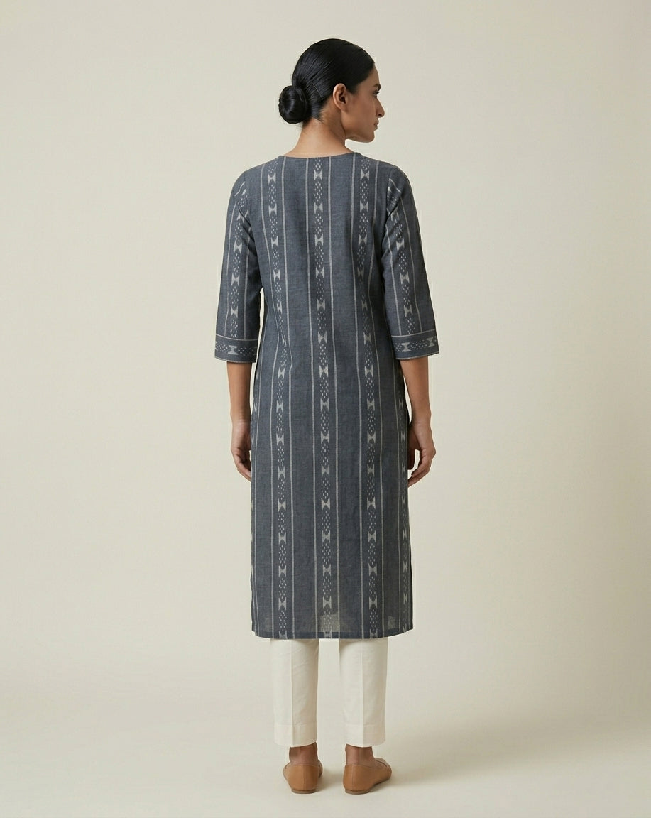 Charcoal Grey Geometric Ikkat Print Cotton Straight Kurta