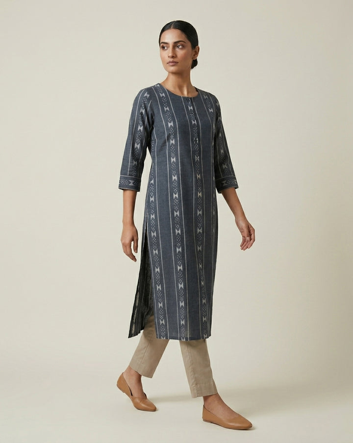 Charcoal Grey Geometric Ikkat Print Cotton Straight Kurta