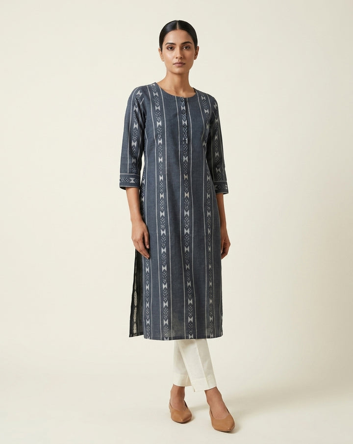 Charcoal Grey Geometric Ikkat Print Cotton Straight Kurta