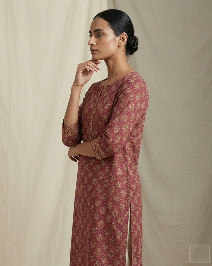 Wine Magenta Geometric Buti Print Cotton Straight Kurti