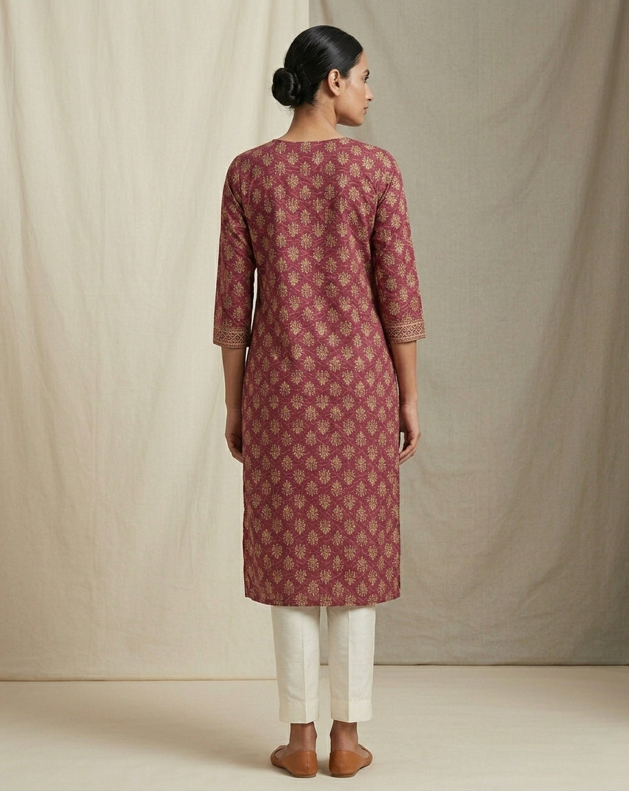 Wine Magenta Geometric Buti Print Cotton Straight Kurti
