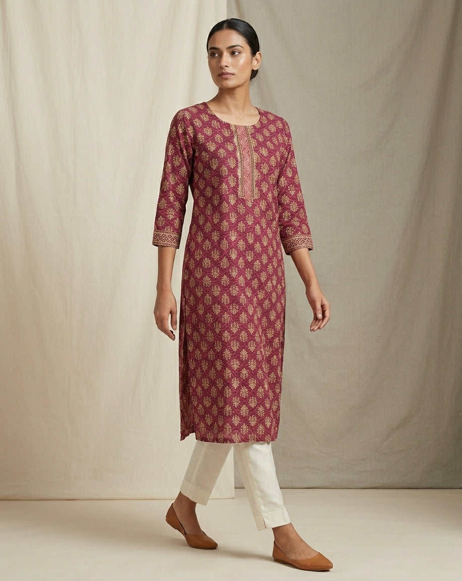 Wine Magenta Geometric Buti Print Cotton Straight Kurti