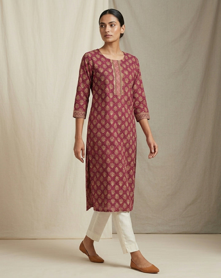 Wine Magenta Geometric Buti Print Cotton Straight Kurti
