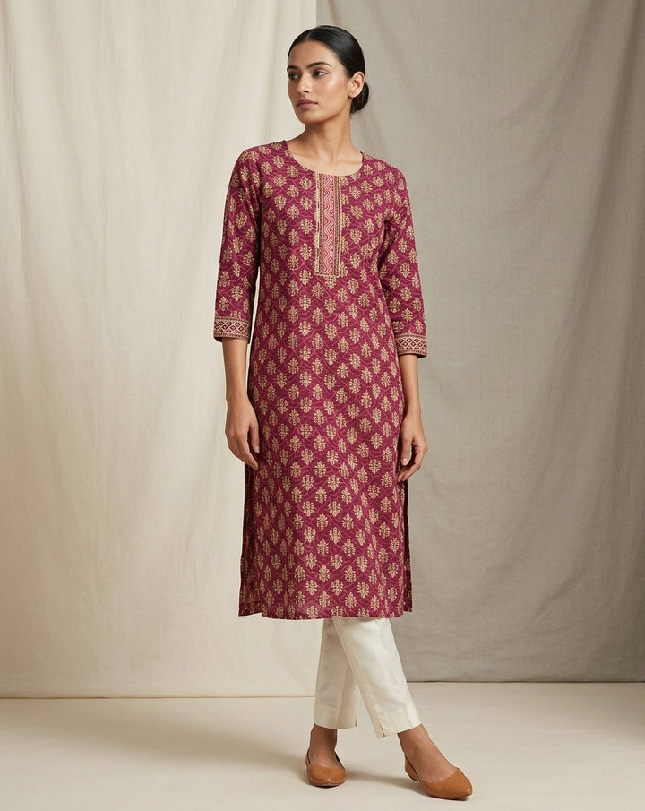 Wine Magenta Geometric Buti Print Cotton Straight Kurti