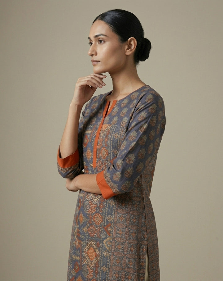 Navy Blue &amp; Rust Ajrakh Patchwork Print Cotton Straight Kurti