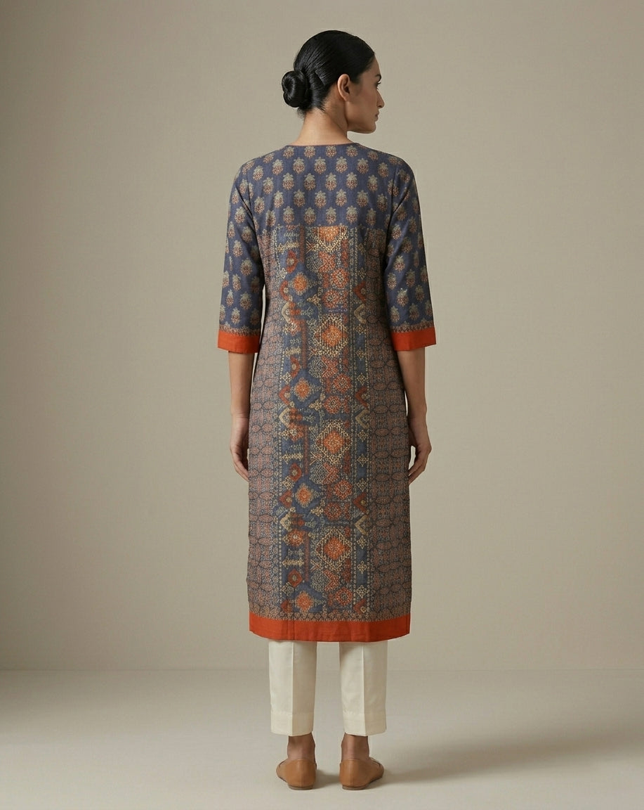 Navy Blue &amp; Rust Ajrakh Patchwork Print Cotton Straight Kurti
