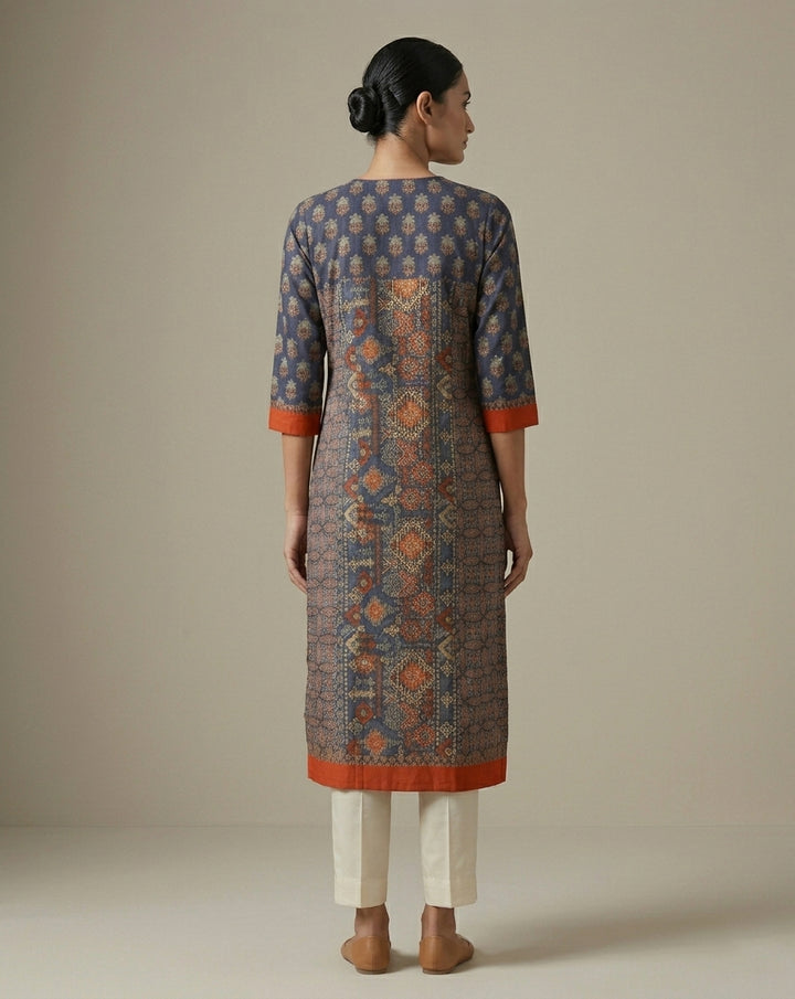 Navy Blue &amp; Rust Ajrakh Patchwork Print Cotton Straight Kurti