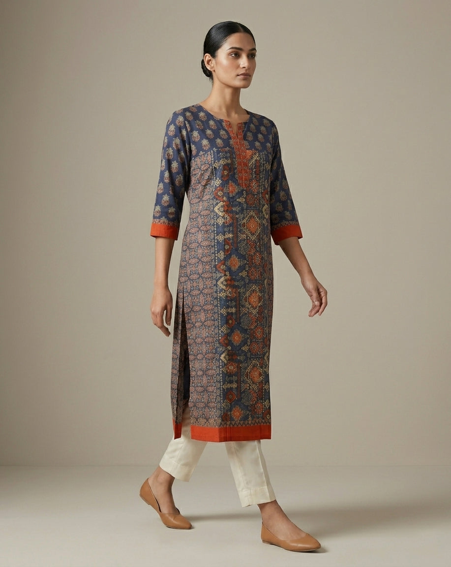 Navy Blue &amp; Rust Ajrakh Patchwork Print Cotton Straight Kurti