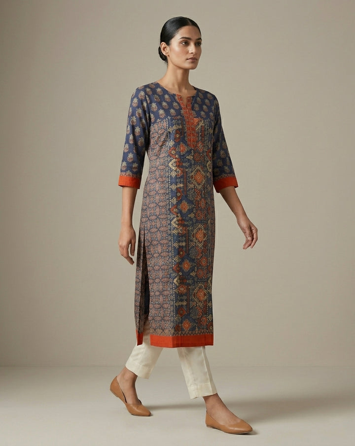 Navy Blue &amp; Rust Ajrakh Patchwork Print Cotton Straight Kurti