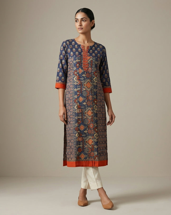 Navy Blue &amp; Rust Ajrakh Patchwork Print Cotton Straight Kurti