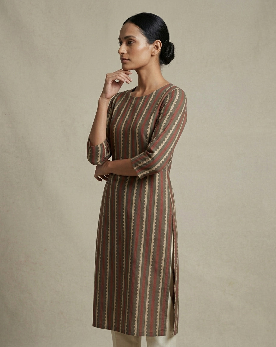 Muted Grey &amp; Coral Scalloped Striped Cotton Straight Kurta