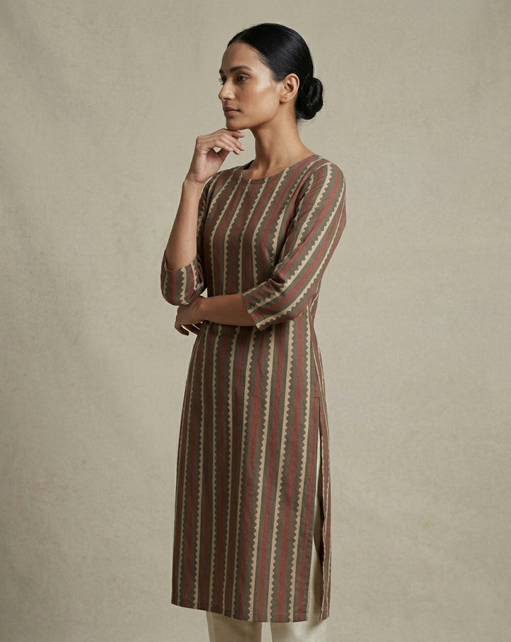 Muted Grey &amp; Coral Scalloped Striped Cotton Straight Kurta