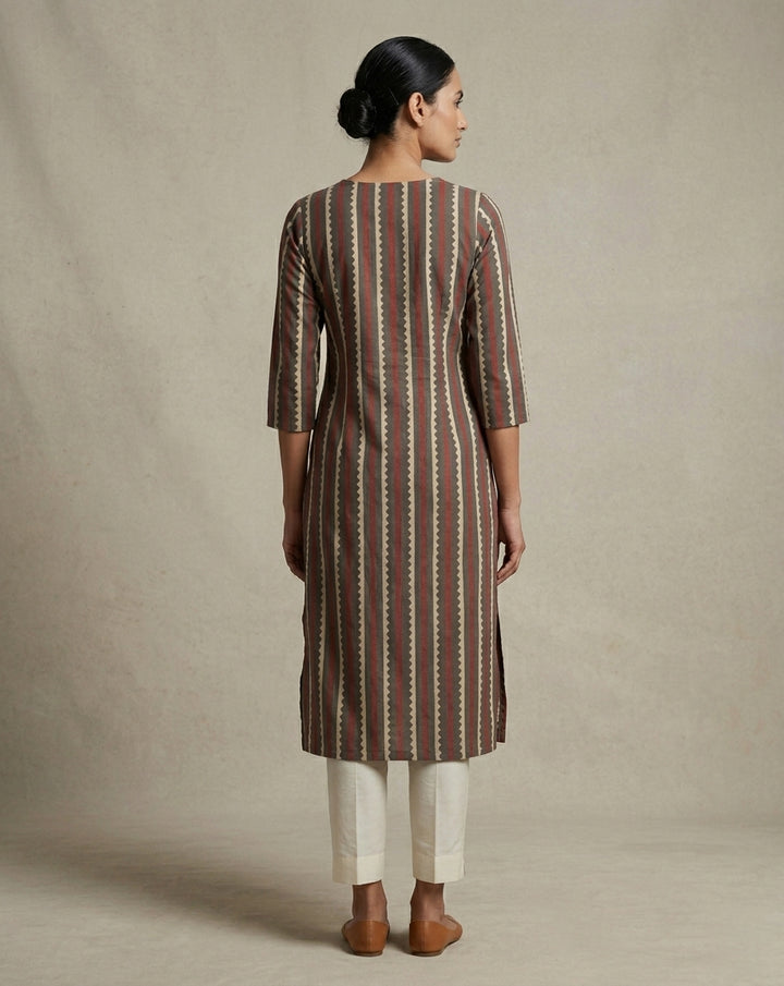 Muted Grey &amp; Coral Scalloped Striped Cotton Straight Kurta
