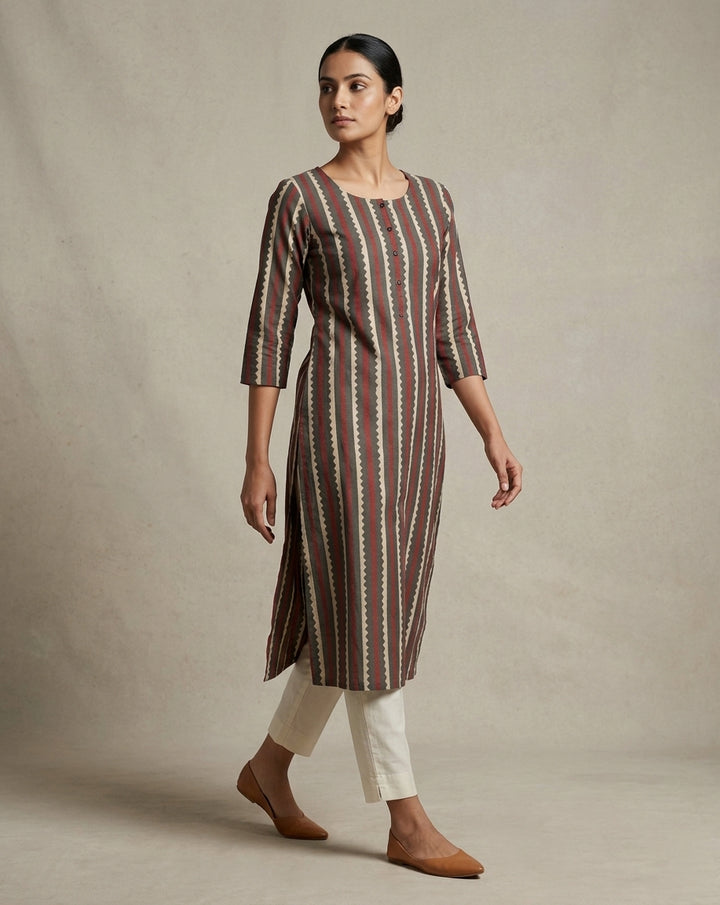 Muted Grey &amp; Coral Scalloped Striped Cotton Straight Kurta