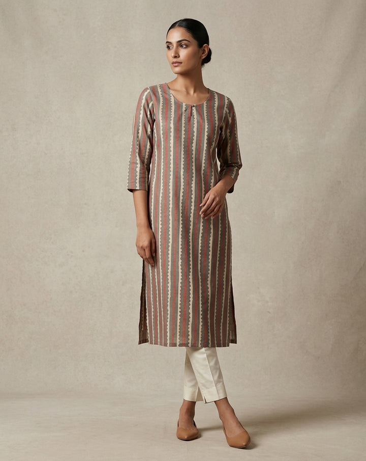 Muted Grey &amp; Coral Scalloped Striped Cotton Straight Kurta