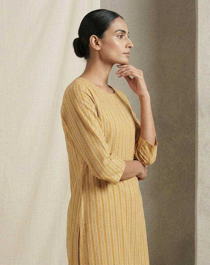 Mustard Yellow Geometric Striped Cotton Straight Kurta